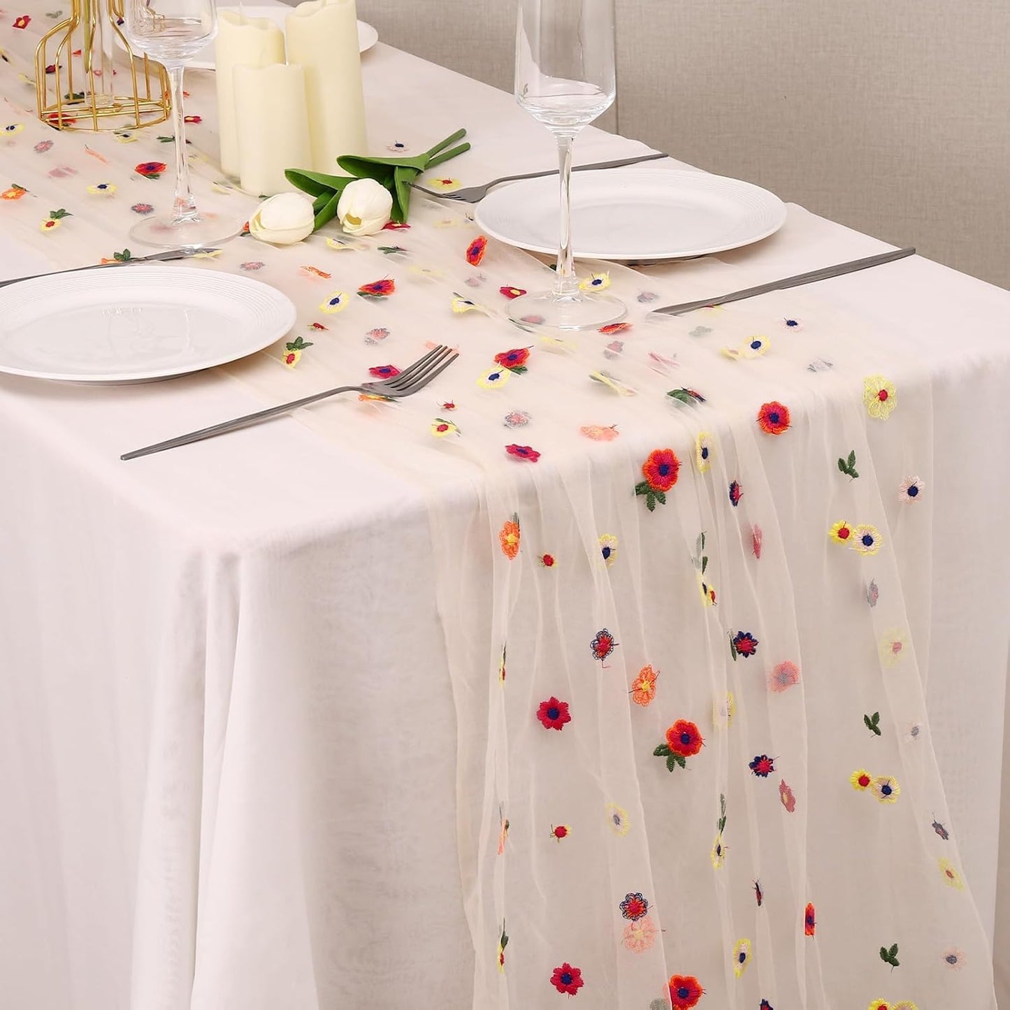 6PCS Champagne Floral Table Runner 10 FT, Embroidery Daisy Table Runners Seasonal Sheer Tulle Table Runner for Thanksgiving Wedding Birthday Baby Shower Party ﻿