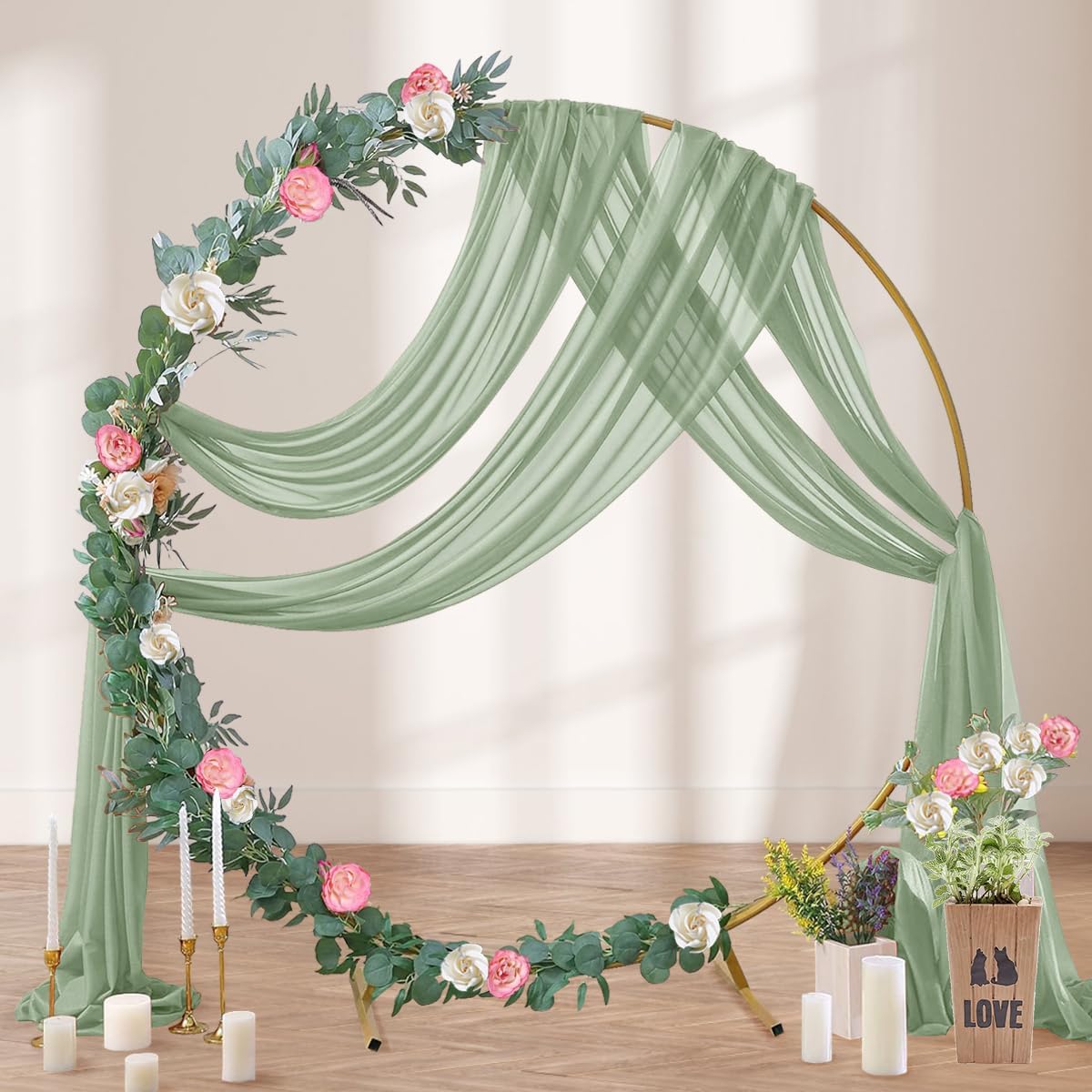 Sage Green Wedding Arch Draping Fabric 2 Panels 29" x 20 FT Wedding Drapes for Backdrop Sheer Green Curtains for Romantic Bridal Baby Shower Ceremony Birthday Party Fall Outdoor Events