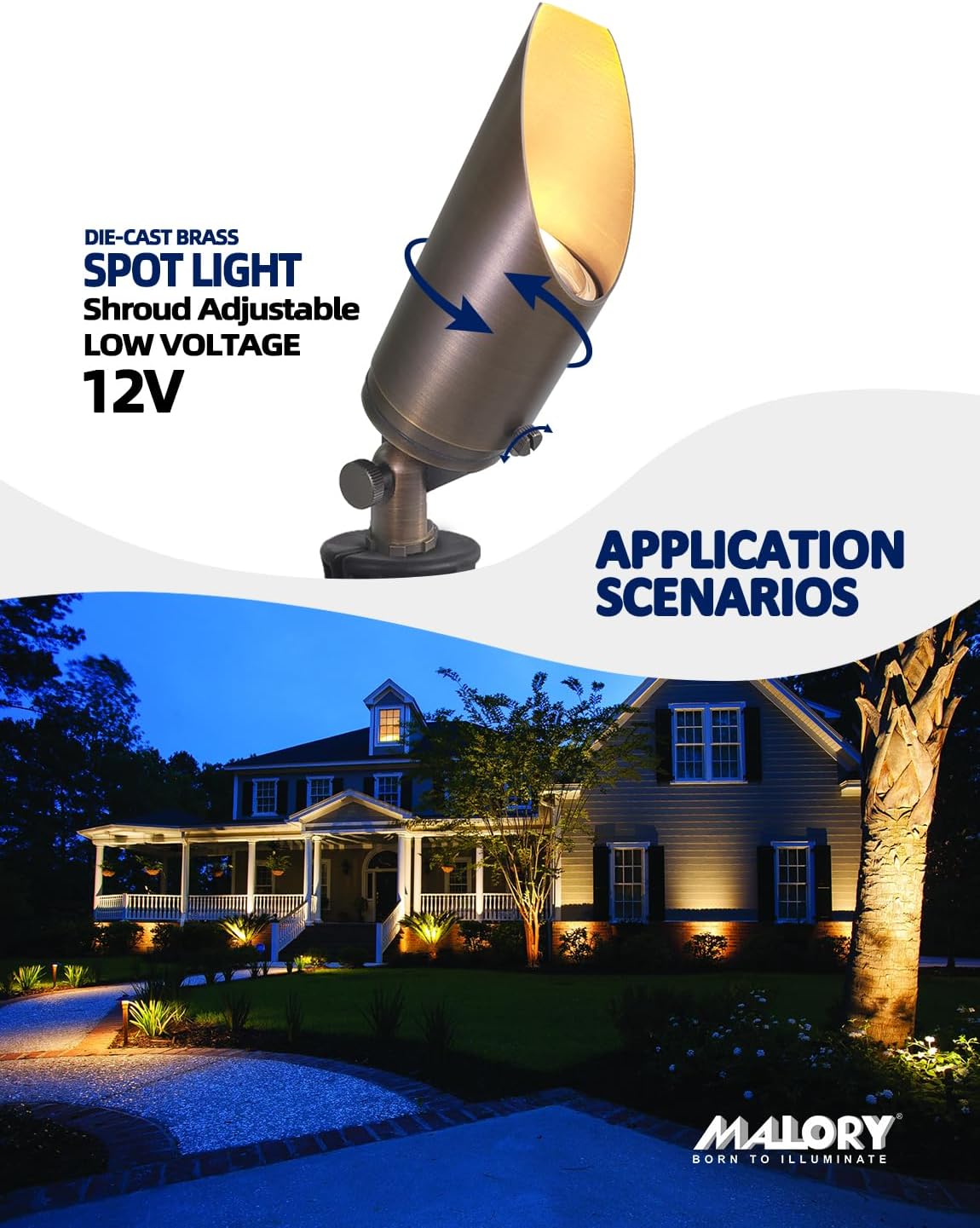 MALORY Brass Landscape Spotlight 6-Pack with 5W LED MR16 Bulb Kit(S03), 12V AC/DC Low Voltage Outdoor Landscape Lighting Shroud Adjustable,Ground Stake and Wire Connector Included,2700K Warm White