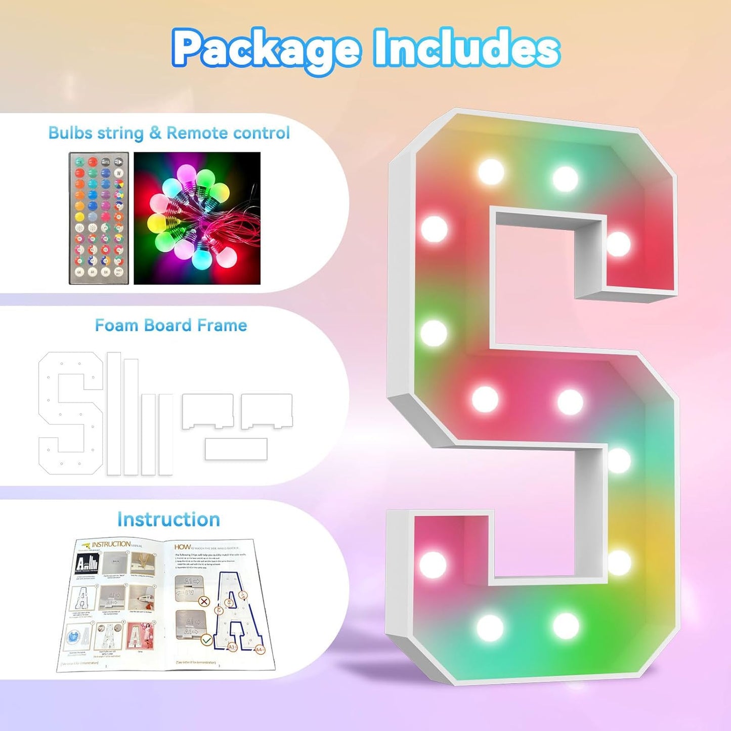 Ledido 4FT Marquee Light Up Letters, 34 Colors Changing Marquee Letter 4 Feet Tall with Remote, Big Letters for Party Wedding Graduation Birthday Decorations, Large Light Up Letter S