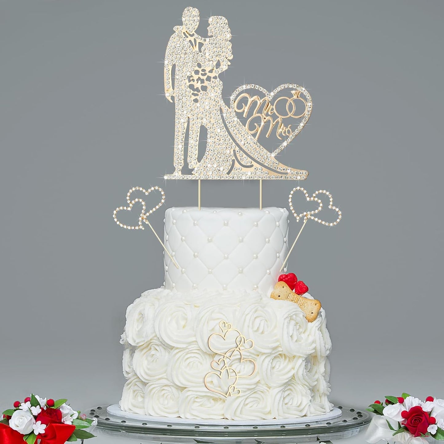 Spiareal 4 Pcs Wedding Cake Topper Mr and Mrs Rhinestone Bride and Groom Love Cake Topper Metal Crystal Heart Shaped Happy Engagement Anniversary Funny Diamond Party Decor for Bridal Shower(Gold)