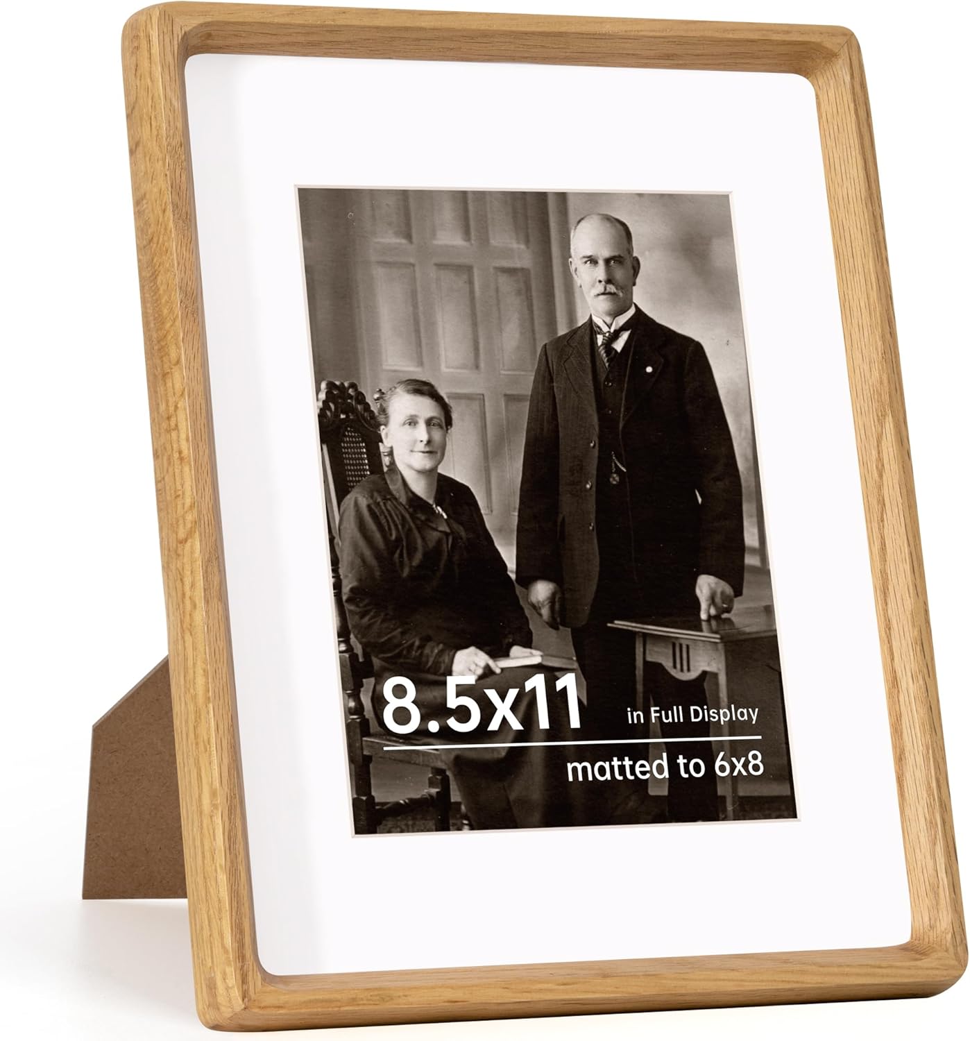 8.5x11 Picture Frame USA-Sourced Natural White Oak Wood Solid Original Wood Photo Frame Handcrafted Rounded Corner with Mat to 6x8 Picture Display with Real Glass Famil Photo, Certificate