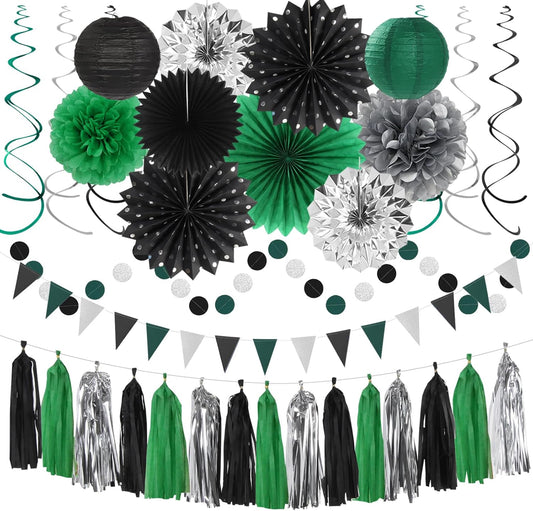 Black Green Silver Football Party-Decorations - 33pcs Banner,Soccer Graduation Streamers Tassel Garland,Tissue Pom Poms Honeycomb,Paper Lantern Fans,Men Boys Birthday Spring Summer Jungle Decor Hugtmr