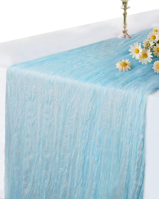Blue Cheesecloth Table Runner 120 Inch, Light Blue Boho Gauze 10 FT, Rustic Cheese Cloth Table Runner for Wedding, Baby Bridal Shower, Birthday, Party, Holiday Decor Home Decorations