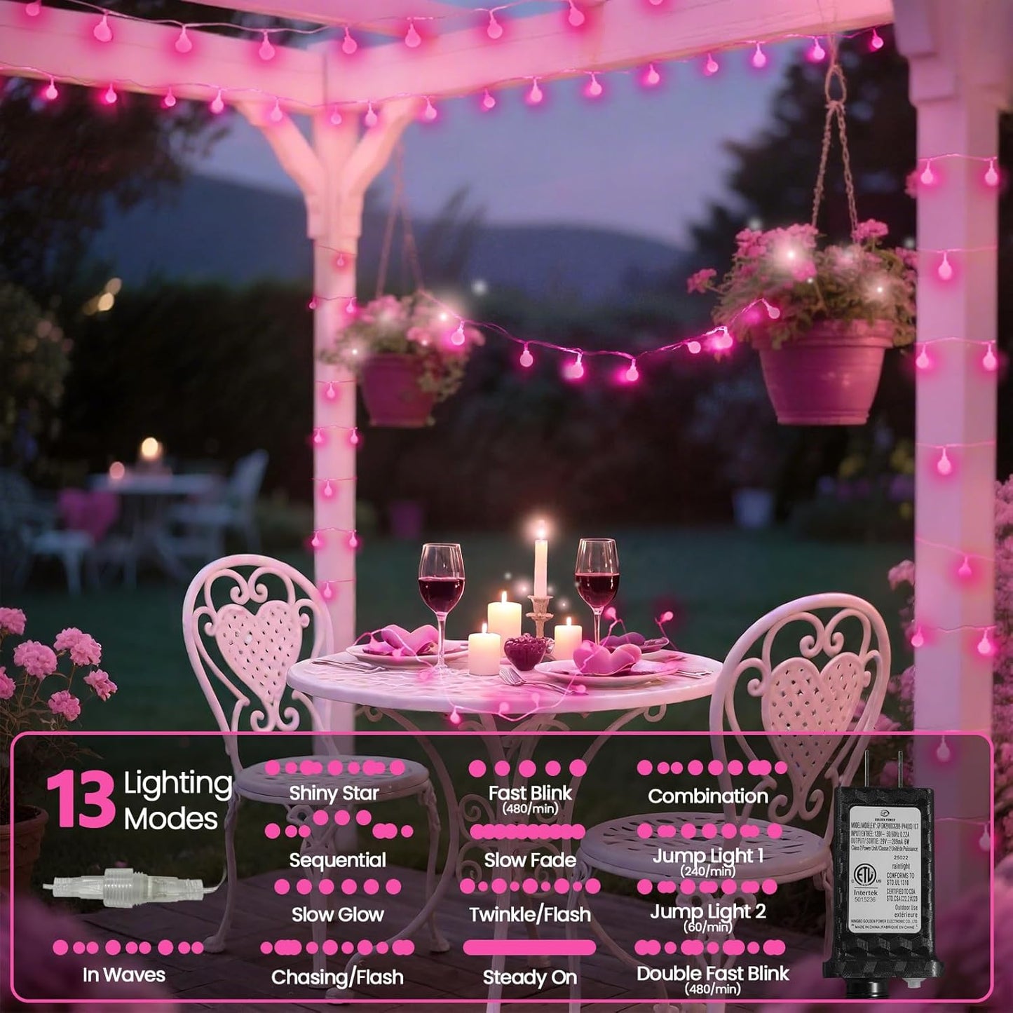 100LED Pink String Lights Outdoor Indoor for bedroom, 43FT Connectable Globe String Lights with Timer, 13 Modes Fairy Light Plug in Waterproof for Anniversary Valentines Party Christmas Decorations