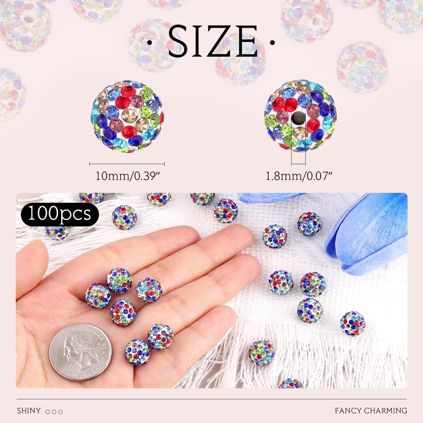 100pcs 10mm Rhinestone Beads for Jewelry Making, White Mixed Shiny Round Shamballa Disco Beads Bulk, Sparkle Crystal Clay Christmas for Bracelet Baseball Necklace Earring Crafting and DIY