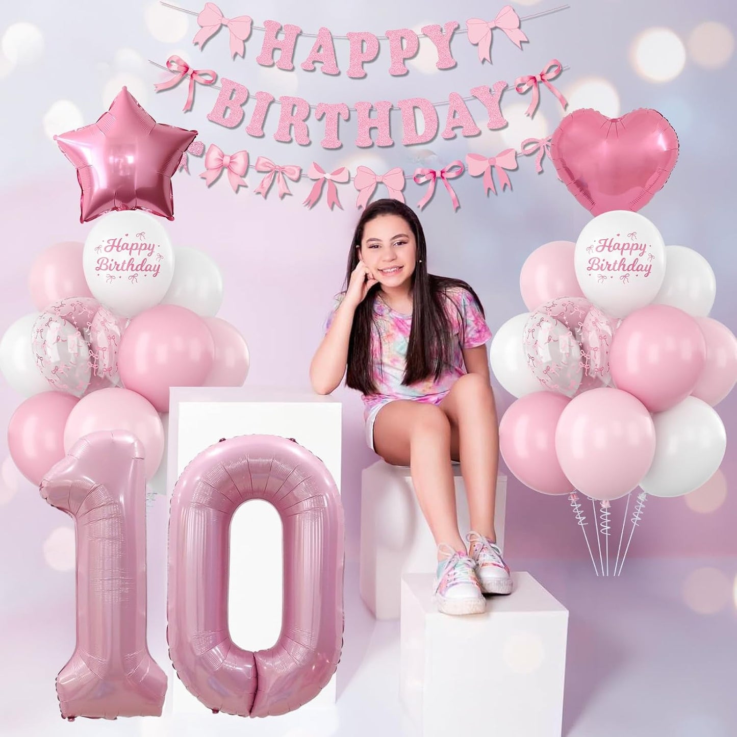 10th Birthday Decorations for Girls Pink Number 10 Balloon Bow Coquette Happy Birthday Banner Fringe Curtain Paper Pom Poms Star Heart Foil Pink White Balloons 10 Year Old Party Decor