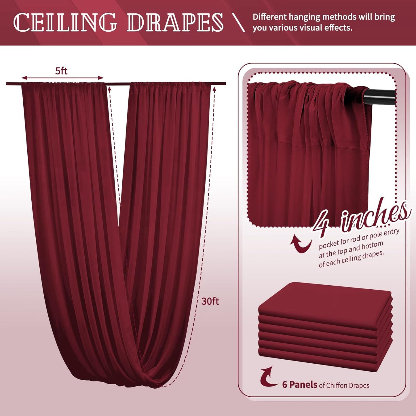 6 Panels Burgundy Ceiling Drapes for Wedding 5ftx30ft Chiffon Fabric Arch Draping Curtains Sheer Drapery for Party Ceremony Birthday Baby Shower Reception Stage Swag Ceiling Decorations