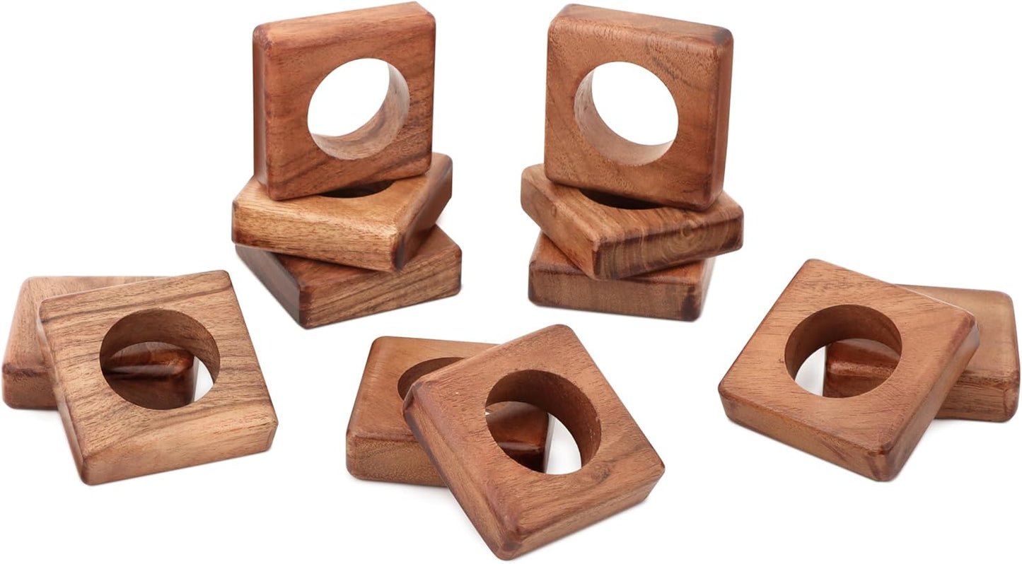 Wooden Napkin Rings Set of 12 Fall Decor for Home Square Acacia Wood Napkin Holders for Dining Table Settings Wood Napkin Ring Rustic Table Décor for Weddings, Parties, and Everyday Use - CLEENTABLE