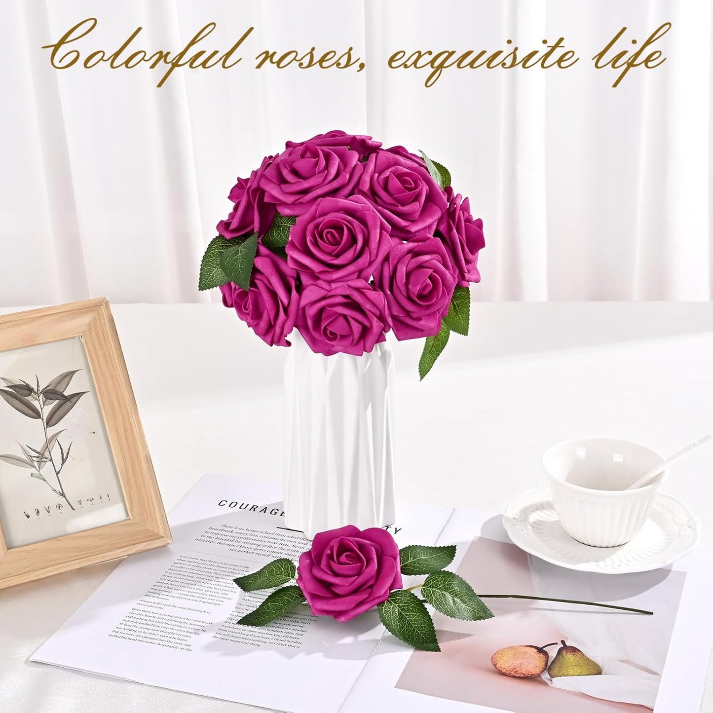 BLEUM CADE 16Pcs Artificial Flowers Fake Roses with Stems, Rose Red Boxed Foam Roses for DIY Bouquets Centerpieces Wedding Party Arrangement Bridal Shower Decor