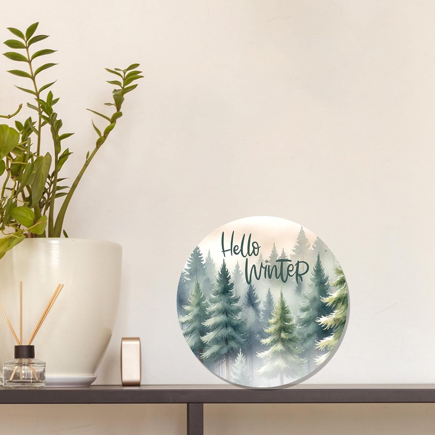 CGBHW Hello Winter Welcome Forest Wooden Sign, Winter Farmhouse Pine Trees Holiday Seasonal Decoration Hanging Sign Wall Decor, Rustic Christmas Wooden Sign for Home Office Nursery Door Decor 12 x 12 Inch