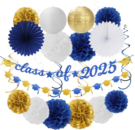 2025 Blue Class-Congratulations Prom Graduation Party-Decorations - 22pcs High School College Grad Supplies Decor, Royal Navy White Gold Tissue Pom Poms Streamers, Paper Flowers Lanterns Hugmoon