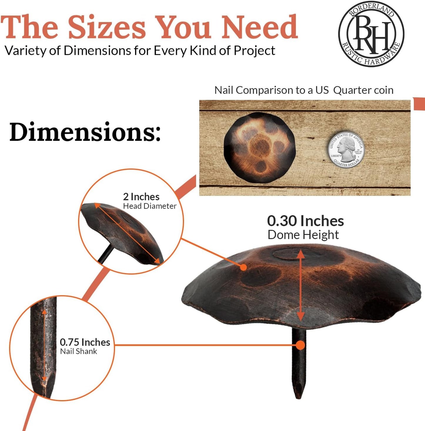 50 Pack 2" Round Head Iron Clavos Decorative Nails – Oil Rubbed Bronze – Handmade Rustic Round Fasteners for Farmhouse Shutters, Faux Wood, Barn Doors, Shutters, Gates – Ornamental Wood Accent