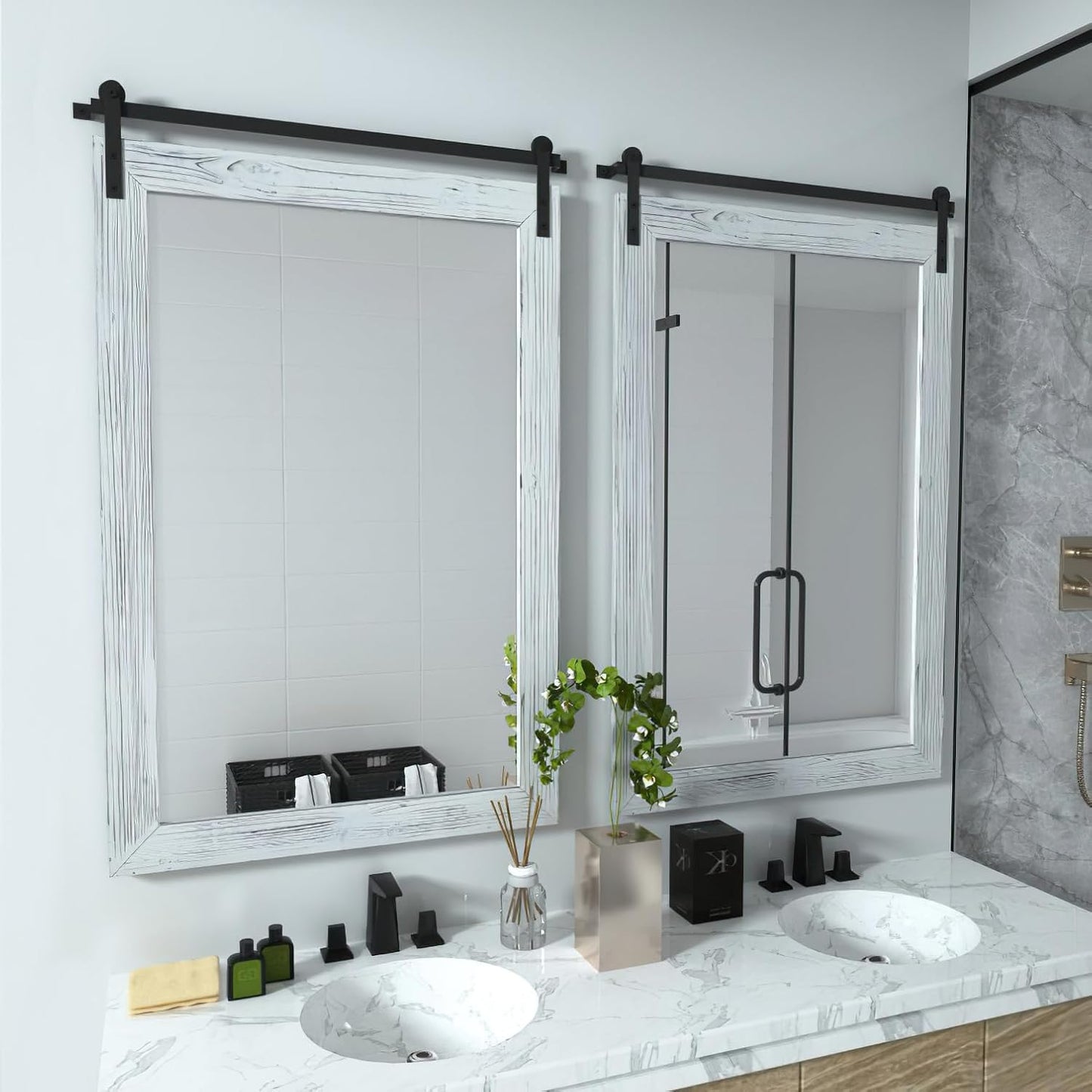 COGOOD Farmhouse Barn Door Mirror - 38" x 25" Rustic Wood Framed Wall Mirror for Bathroom, Living Room, Entryway Wall Decorative (White)