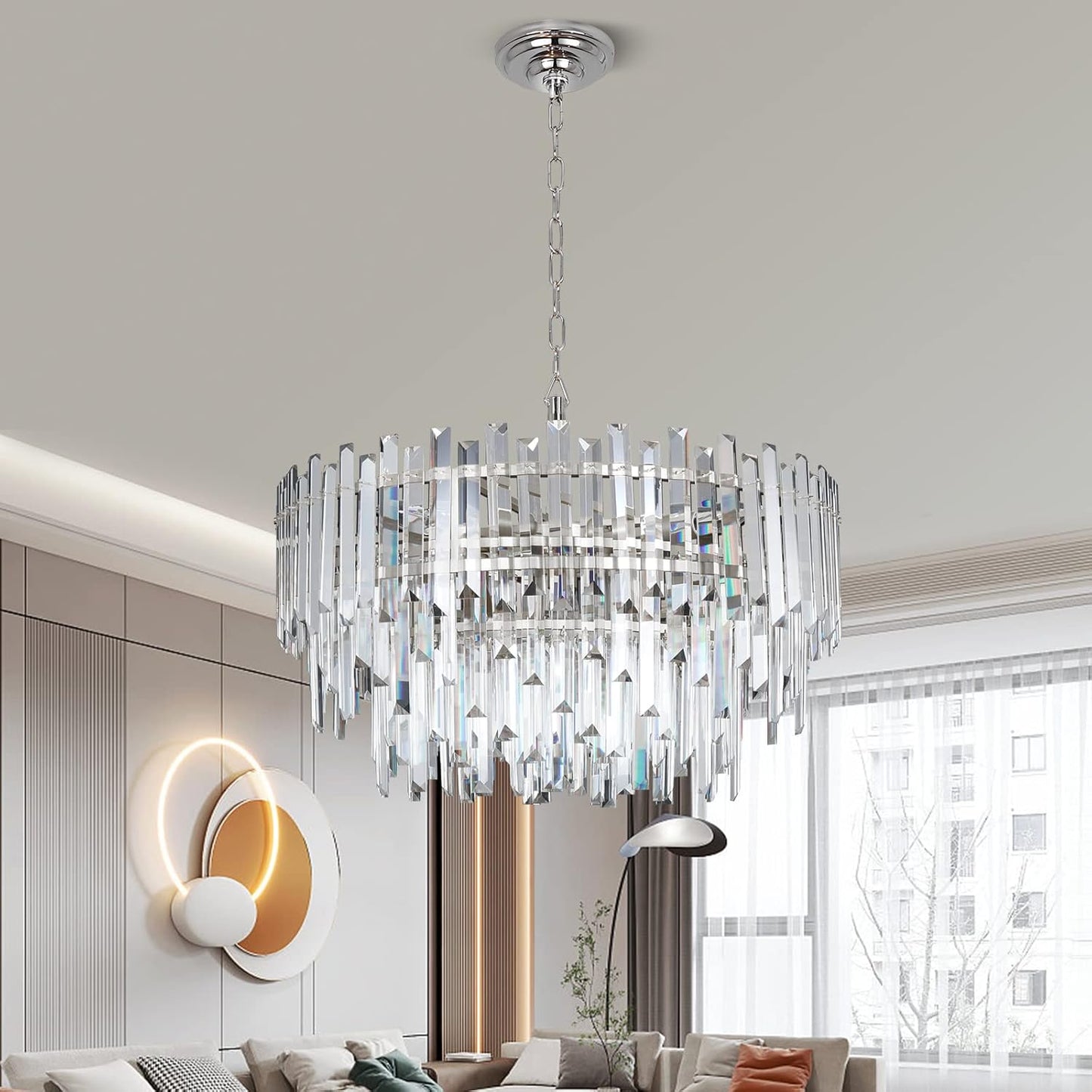 Crystal Chandelier Lighting 24'' Chrome for Dining Rooms Bedroom Foyer Entryway Ceiling Hanging Pendant Chandelier Light Fixture Lamp