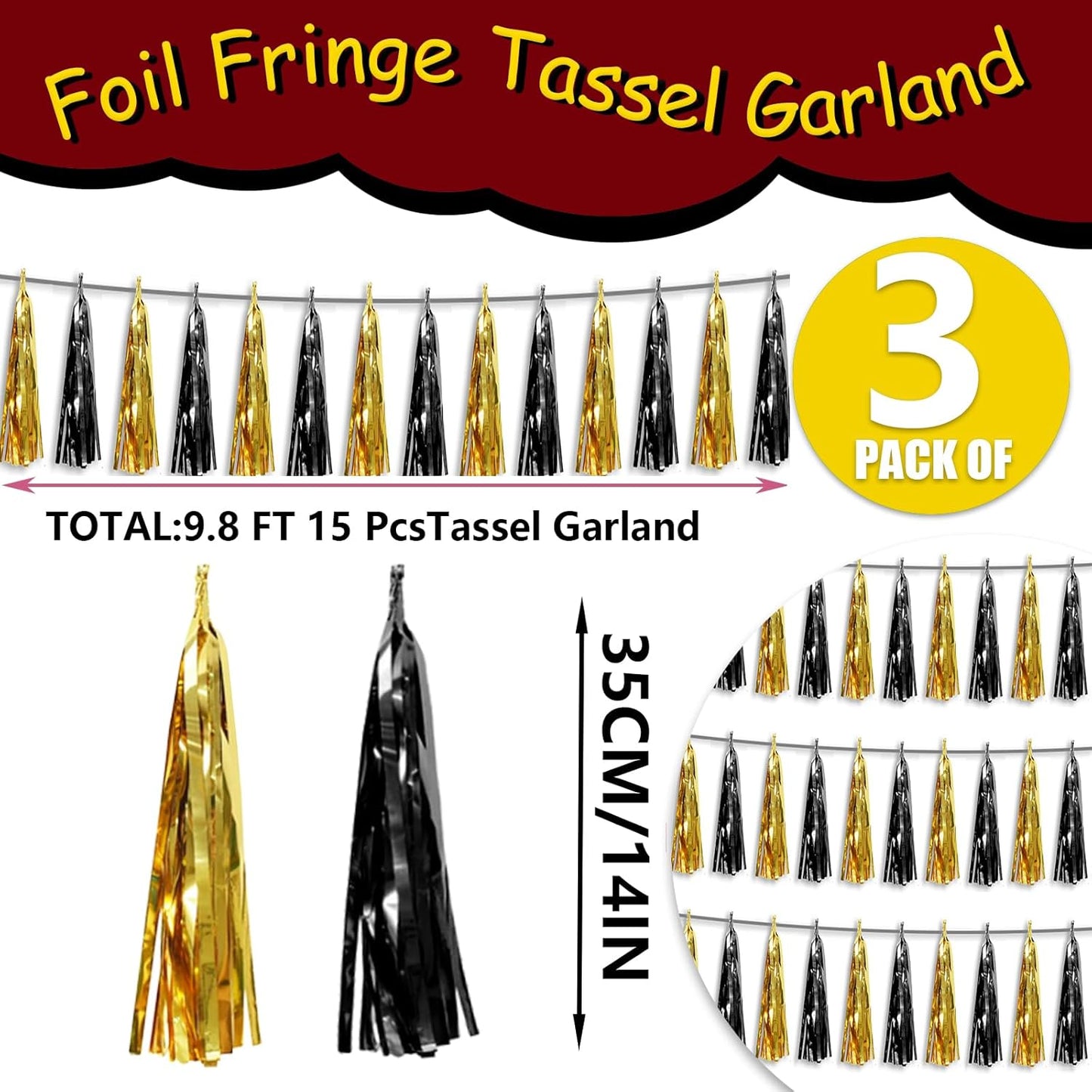 3P Metallic Fringe Tassel Banner Garland Foil Tinsel Streamer Wall Hanging Curtain Backdrop Banner for Parade Floats,Graduation Decorations, Father's Day,New Years Party Decoration(Black Gold)