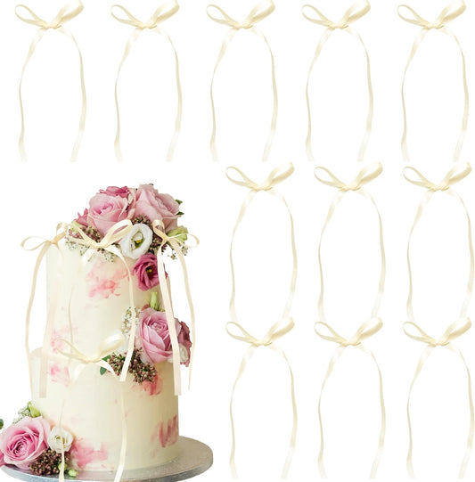 Ephlyn 30Pcs Bow Cupcake Toppers Valentine's Bowknot Ribbons Coquette Bow High Footed Cup Balloon Wall Party Decorations Cake Dessert Picks Baby Girl Birthday Wedding Party Supplies Beige