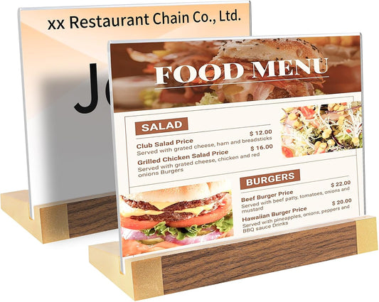 Acrylic Sign Holder 5"x7" Tabletop Display Clear Sign Board with Wood-Color Base, Horizontal for Store/Coffee Shop/Restaurant Menu Hotel/Office Display Holder, 2 Pack