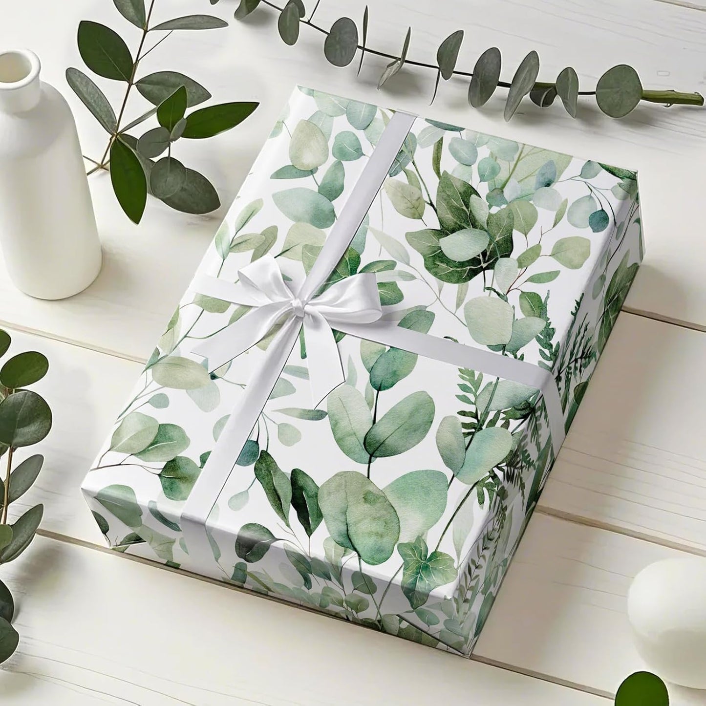 WRAPAHOLIC Eucalyptus Leaves Wrapping Paper Roll - Mini Roll - 17 Inch x 9.8 Feet - Greenery Wrapping Paper Perfect for Birthday, Wedding, Bridal Shower