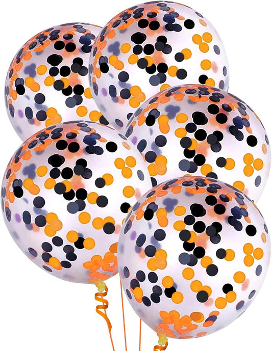Orange Black Confetti Balloons 25 Pcs, 12 Inch Thickened Clear Latex Balloon with Confetti Inside for Halloween Party Decorations Birthday Baby Shower Bridal Shower Decoration Supplies