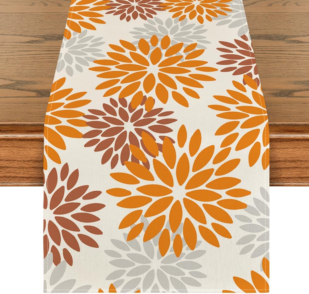 Artoid Mode Orange Dahlia Floral Pinnata Fall Table Runner, Seasonal Autumn Thanksgiving Kitchen Dining Table Decoration for Home Party Decor 13x36 Inch