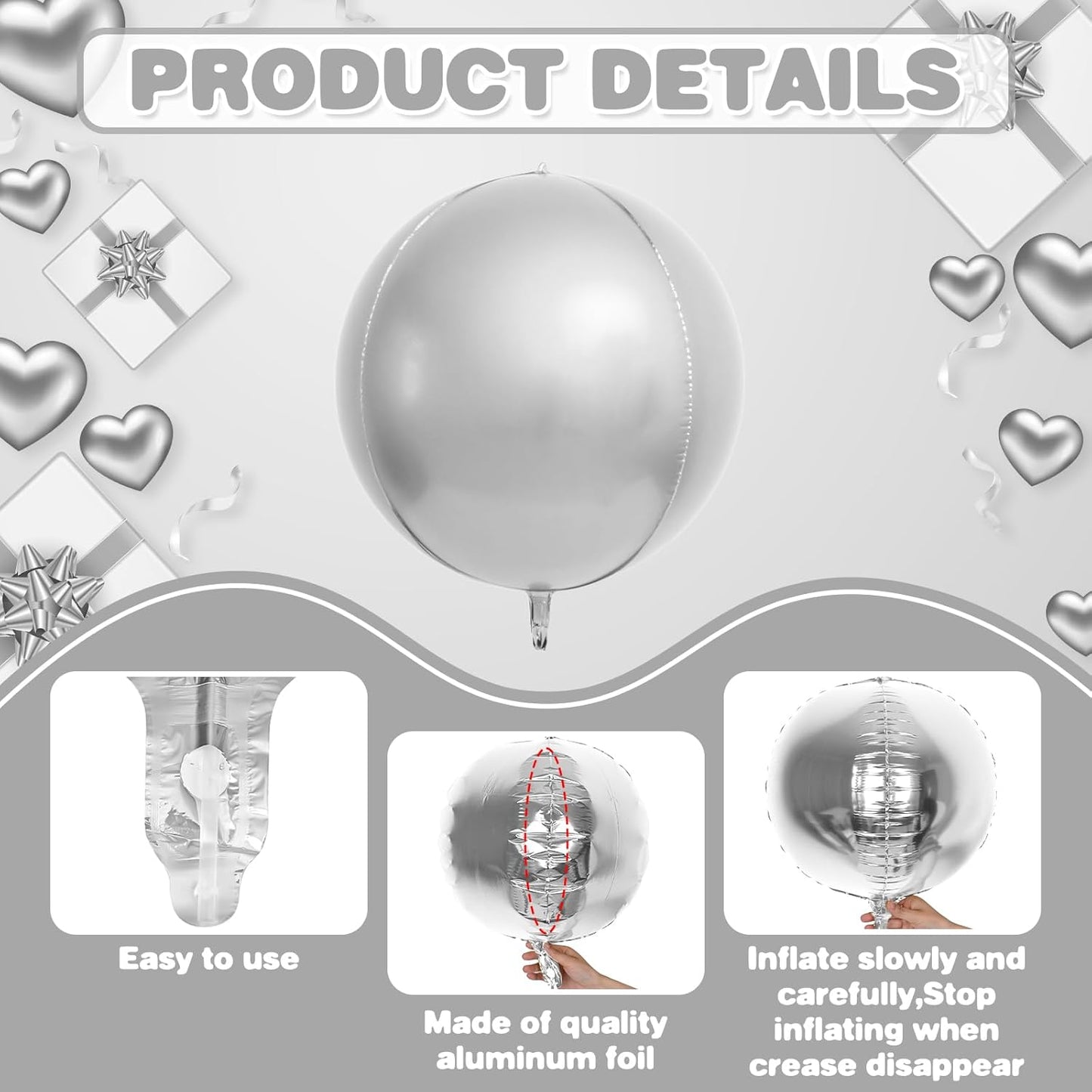 6Pcs Silver Round Foil Balloons,Giant 4D Round Ball Balloons,22 Inch Metallic Silver Balloon for Birthday Wedding Prom Graduation Party Decorations