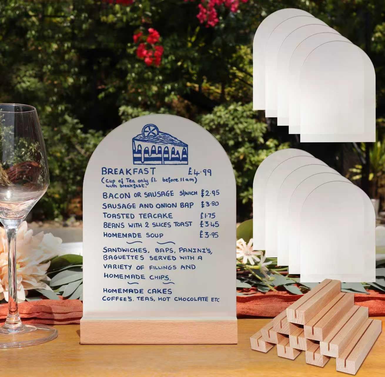 Frosted Blank Arch Acrylic Sign with Wooden Stands - 10 Pack DIY Customizable Sign Kit for Wedding Table Numbers, Restaurant Party Bridal Shower (4x6 Inch)