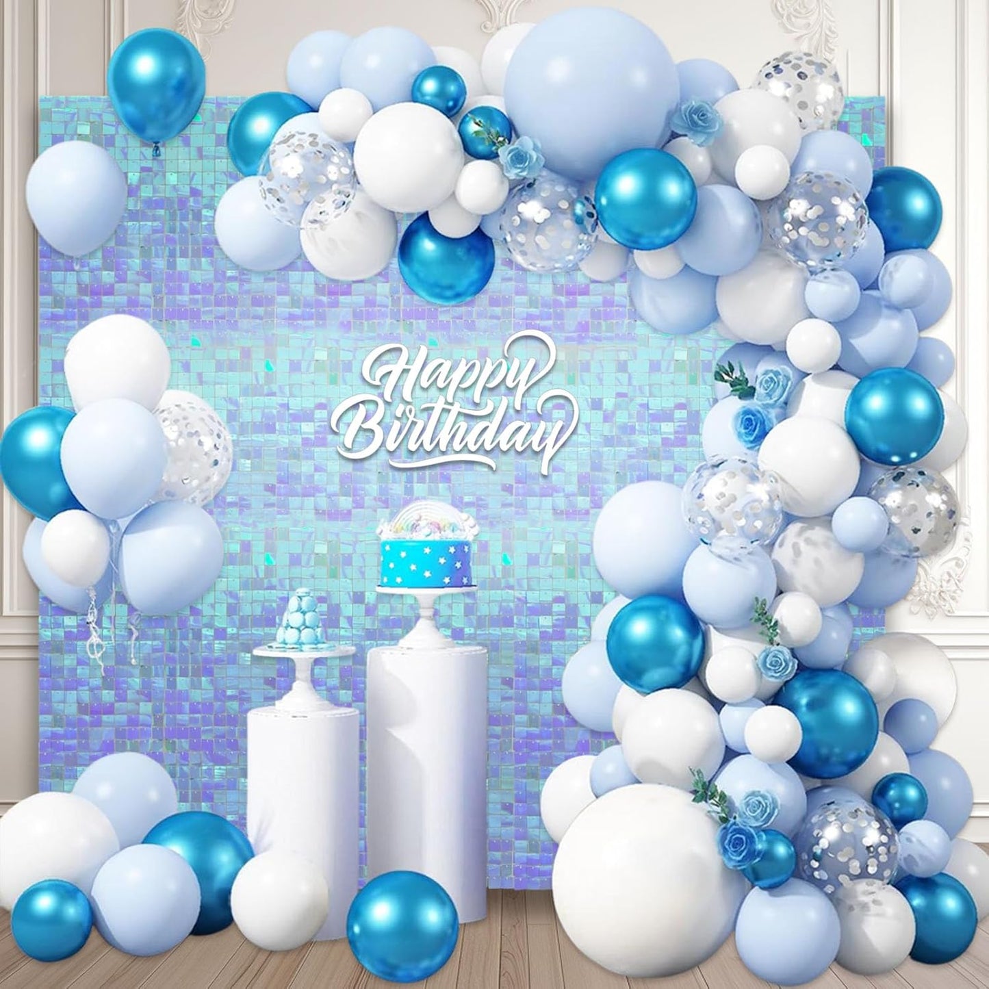 12PCS Colorful Ice Blue Shimmer Wall Backdrop, Square Sequin Photo Backdrops Panel, Glitter Wall Background for Birthdays, Weddings, Christmas, Engagements, Disco Bachelorette Party Decor (3FTx4FT)