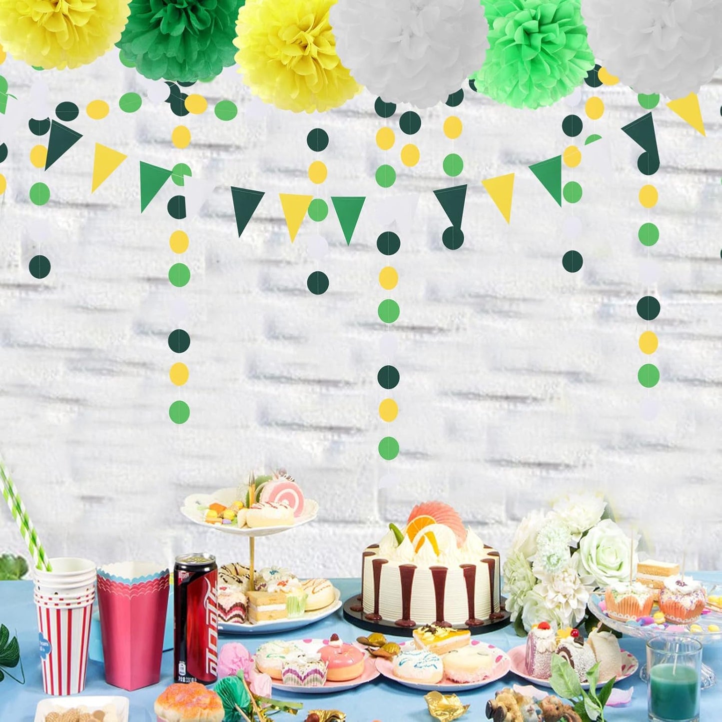 Yellow Green White Party-Decorations Garland - 52Ft Spring Summer Hanging Paper Streamers Banner, Graduation Birthday Wedding Engagement Baby Shower Garden Tea Party Decor Ouruola