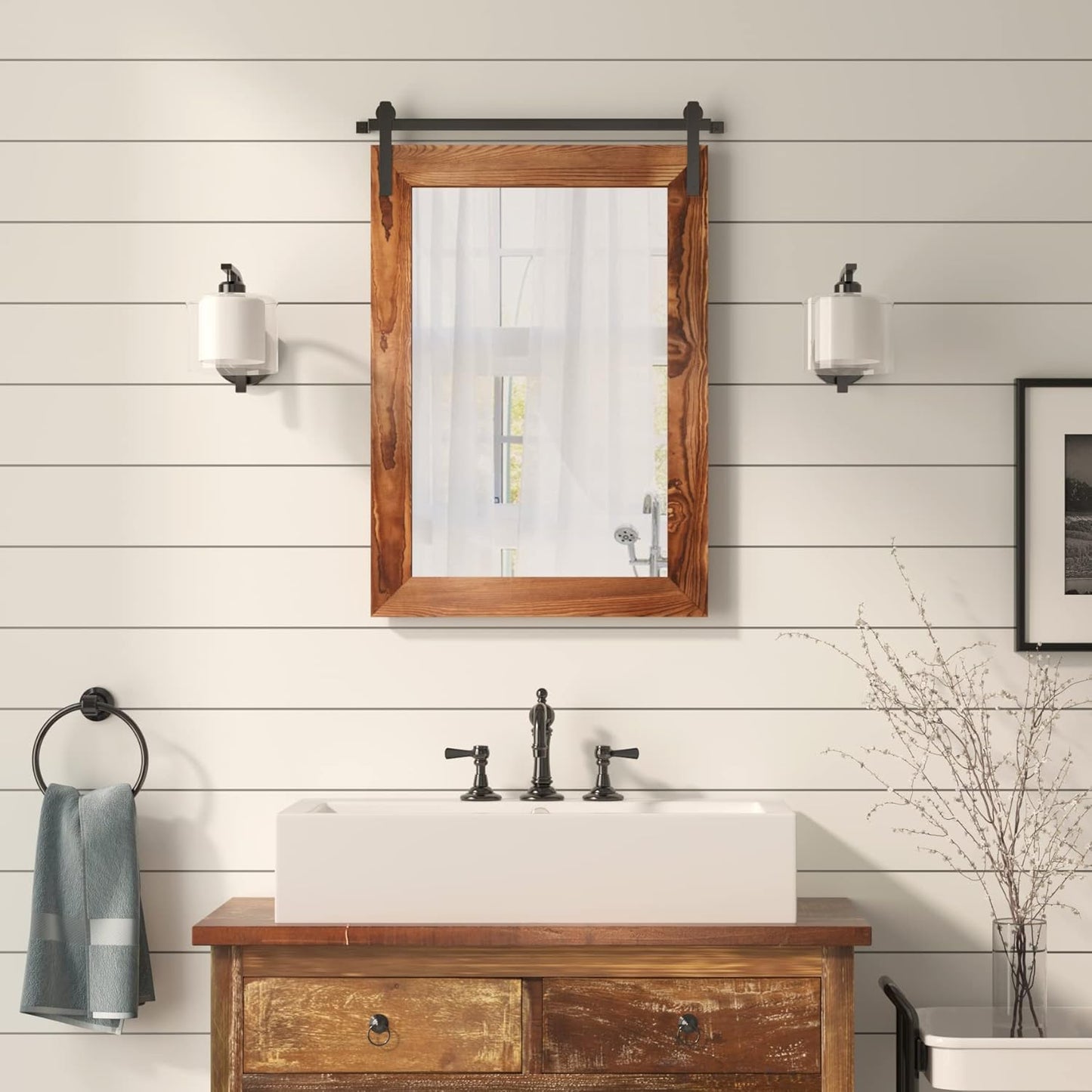 COGOOD Farmhouse Barn Door Mirror - 26" X 17" Rustic Wood Framed Wall Mirror for Bathroom, Living Room, Entryway Wall Decorative (Brown)