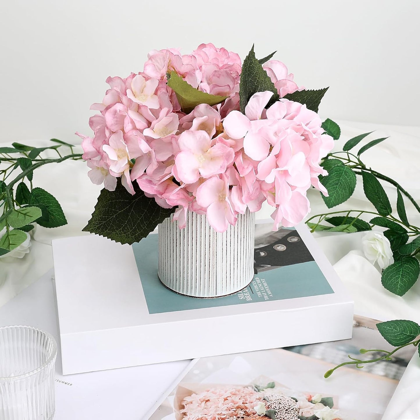 Flower Table Centerpieces - Set of 6 Floral Arrangement Artificial Wedding Hydrangeas Floral Arrangement with Rustic Metal Vase for Bridal Tea Party Event Decorations - Pink