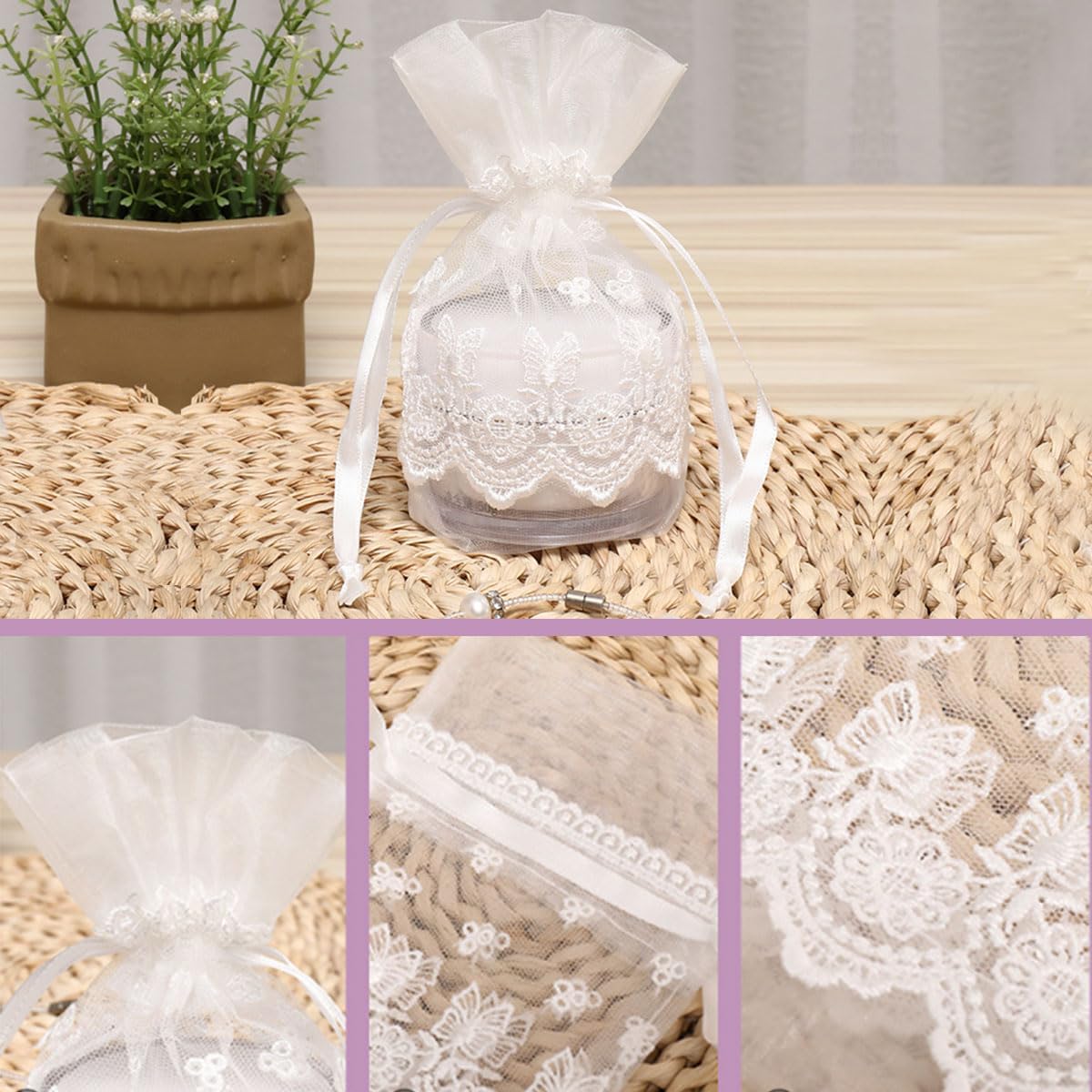 Ewanda store 10Pcs Lace Organza Drawstring Bags White Butterfly Lace Bag for Wedding Christmas Birthday Party Favors Jewelry Pouches