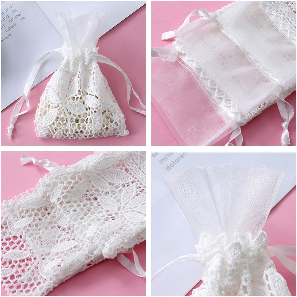 Petunny 6Pcs White Lace Drawstring Bags,Cotton Drawstring Gift Bags Embroidered Jewelry Pouch for Wedding Birthday Christmas Parties(3.9x5.5Inch)