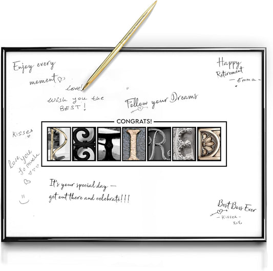 Framed Retirement Decorations Guest Book for Men 12"x16" Black Frame, Party Decor - including Gold Pen & Acrylic Glass - Happy Retirement Card Centerpieces, Retired Party Decor Gifts for Him