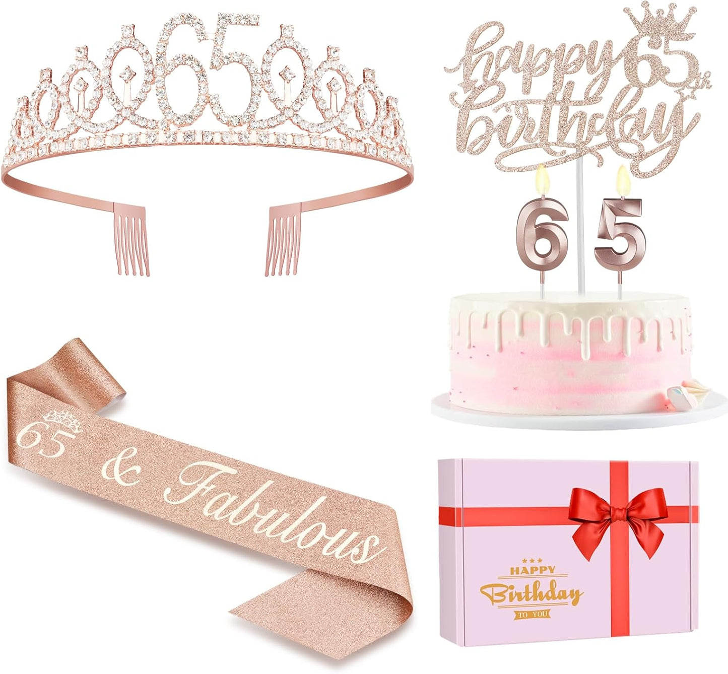 65th Birthday Decorations for Women, Including Sash, Crown/Tiara, Candles, Cake Topper, 65th Birthday Gifts for Women
