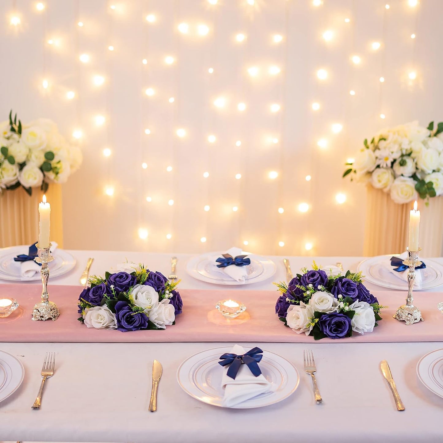 BLOSMON Flower Balls Table Centerpieces: 6 Pcs Fake Flowers Navy Blue White Wedding Kissing Rose Balls Decor - Artificial Floral Arrangements Flower Bouquet of Roses Home Party Table DIY Decorations