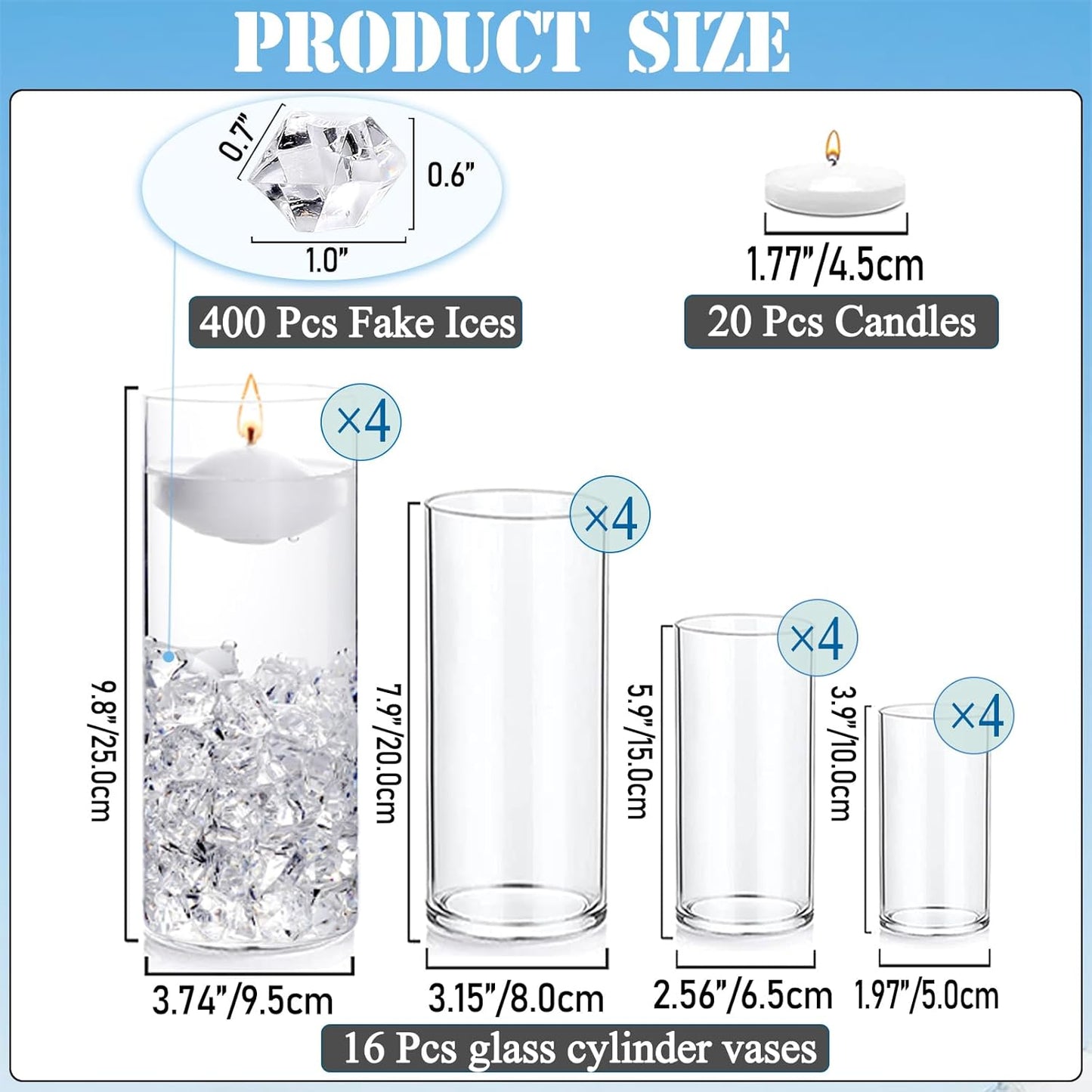 20 PCS White Floating Candles and 16 PCS Glass Vases for Centerpieces with 400 Fake Ice Acrylic Rocks Vase Filler Floating Candle Centerpieces for Tables Party Wedding Home Decoration