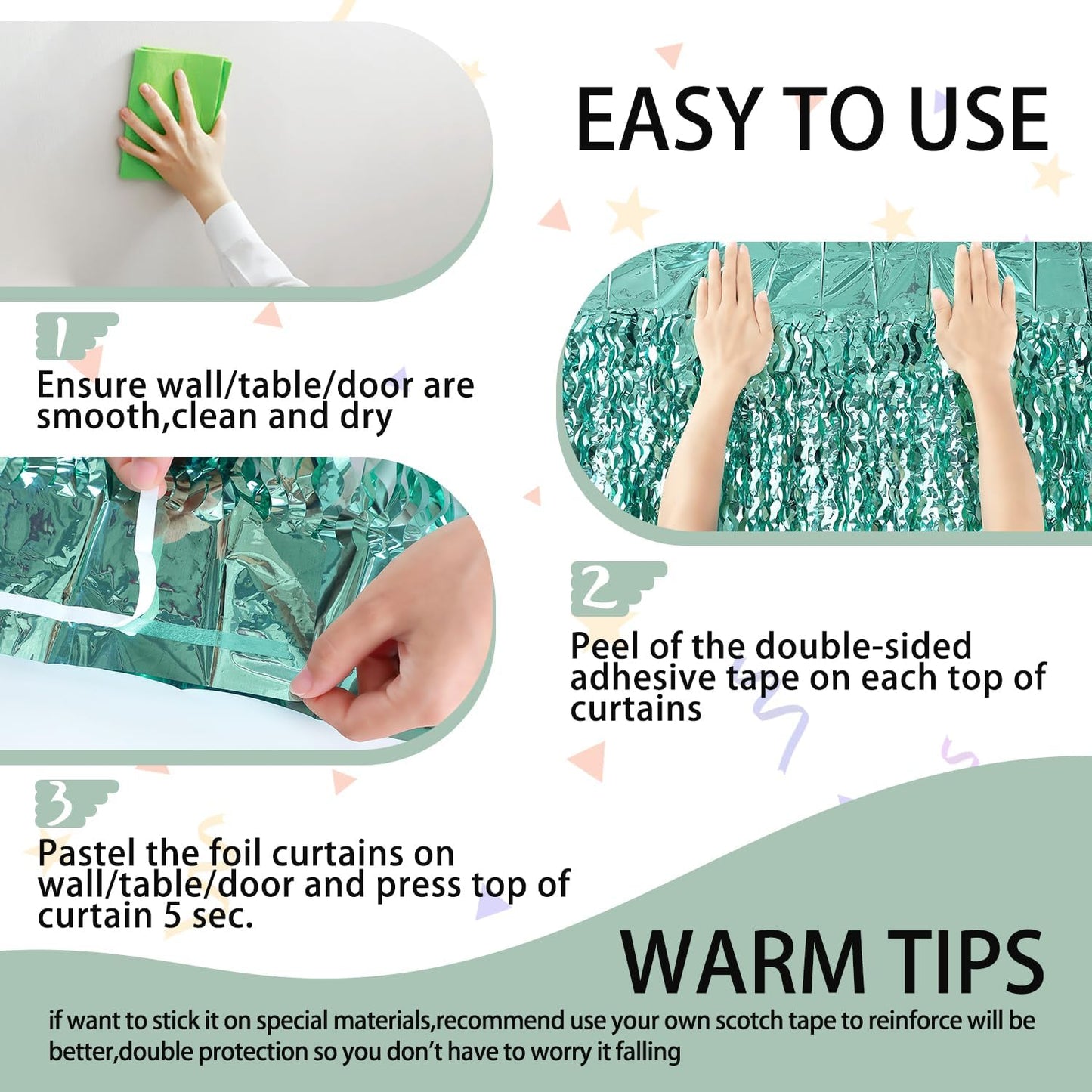 3 Pack Teal Aqua Blue Wave Foil Curtains - 3.3 ft x 6.6 ft Tinsel Metallic Streamers for Photo Booth Birthday Wedding Girl Princess Bachelorette Euphoria Theme Party Decorations