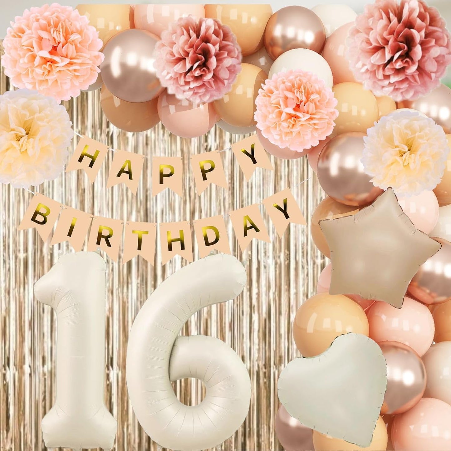 Beige 16th Birthday Decorations Girls Boys Cream Number 16 Balloon Nude Gold Happy Birthday Banner Fringe Curtain Paper Pom Poms Blush White Sand Champagne Star Foil Balloons Neutral Boho Party Decor