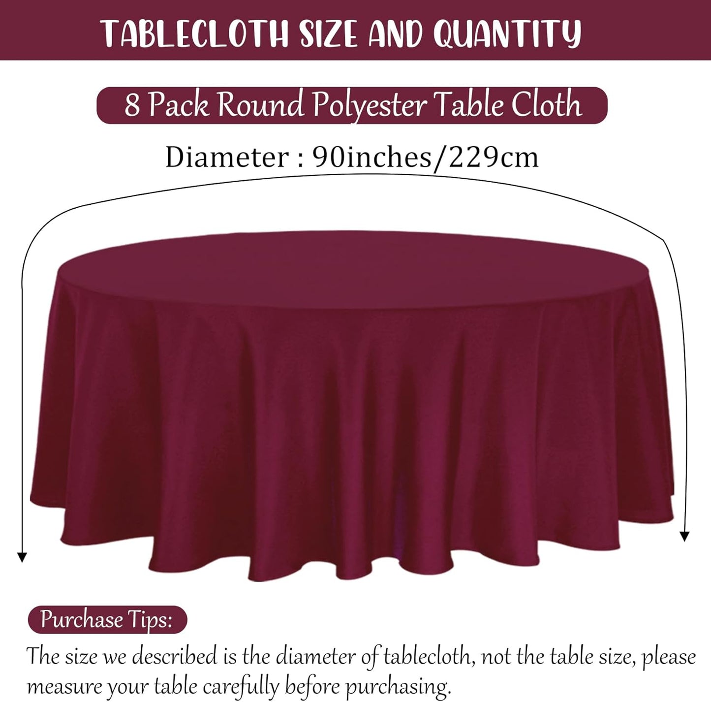 8 Pack Premium Round Tablecloth 90 Inch Round Table Covers Bulk Washable Polyester Fabric Round Table Clothes for Wedding Party Reception Banquet Buffet Restaurant (Burgundy, 90 Inch)