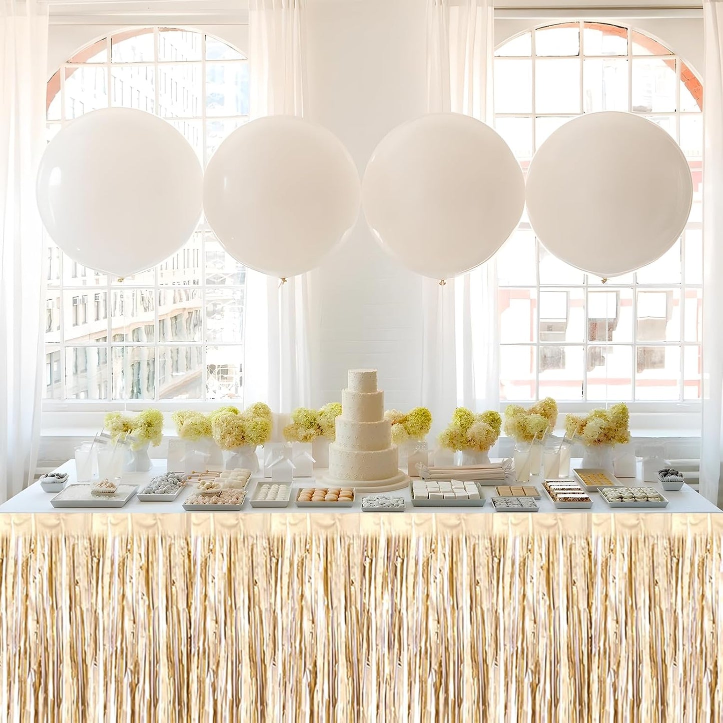 3 Pack 29x108 Inch Champagne Gold Foil Fringe Table Skirts Metallic Banner for Tinsel Streamer Garland Backdrop for Parade Floats Wedding Thanksgiving Birthday Christmas Halloween Party Decoration