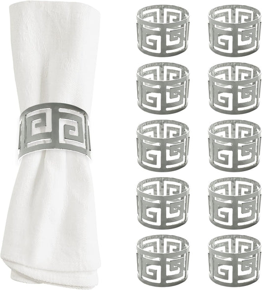 Shiny Silver Napkin Rings Set of 12, Greek Key Round, Modern Cuff Design for Wedding Party Decorations, Kitchen, Holiday Table,Rust Proof,Hotel, Home,Iron, Table Accessories for Dining,Gift