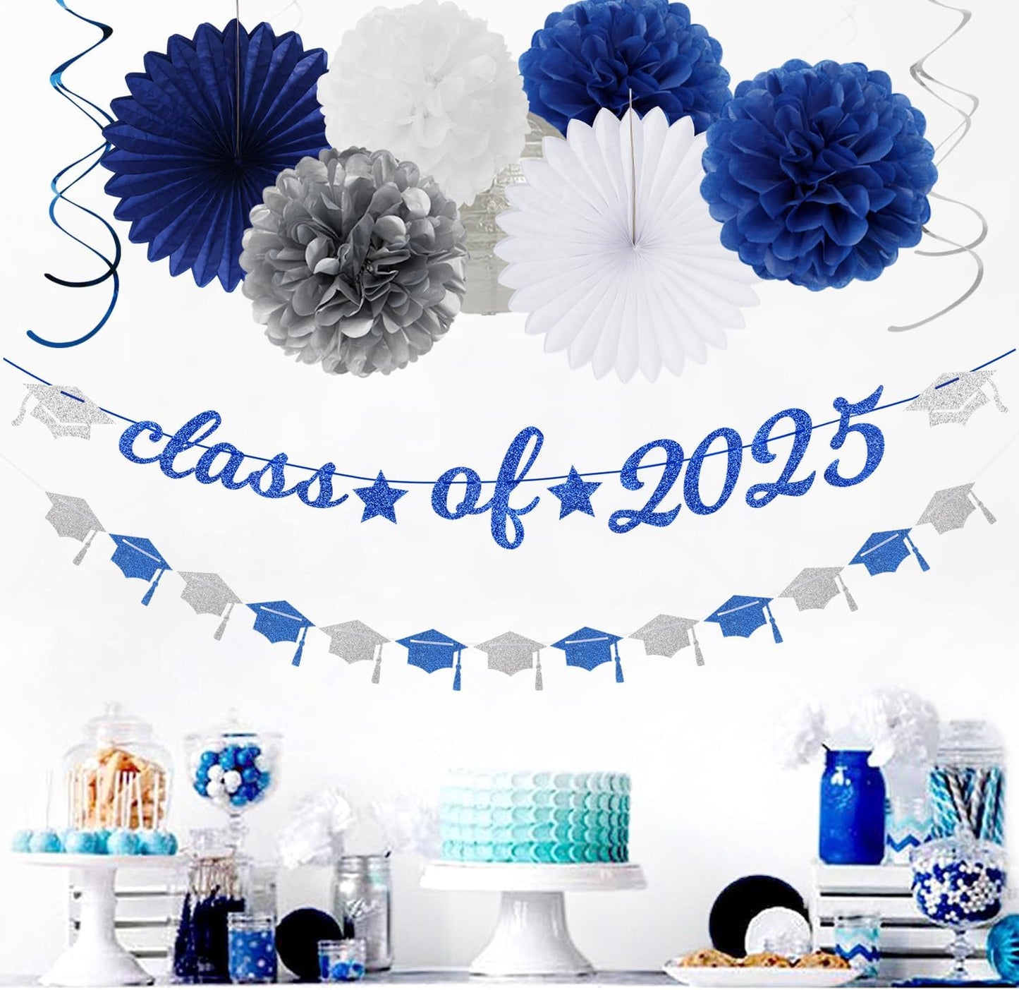 2025 Blue Class-Congratulations Prom Graduation Party-Decorations - 22pcs High School College Grad Supplies Decor,Royal Navy White Silver Tissue Pom Poms Streamers, Paper Flowers Lanterns Hugmoon