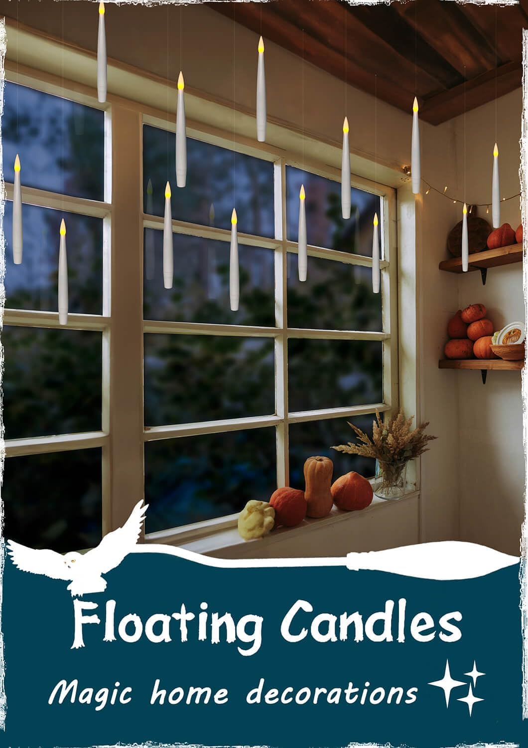 Leejec Floating Candles with Magic Wand Remote (6/18H Timer), 20pcs 6.1” Hanging Flameless Taper Candles, Flickering Warm Light, Halloween Christmas Classroom Windows Wedding Party Decor(White)