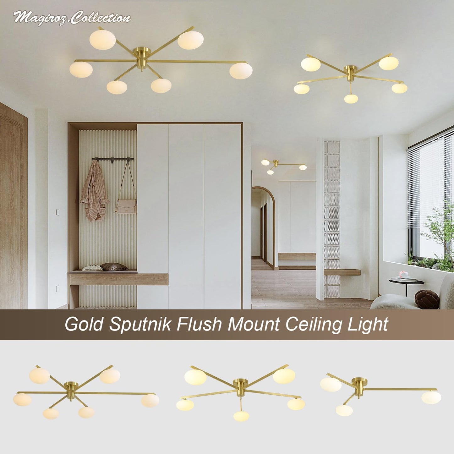 3-Light Gold Semi Flush Mount Ceiling Light,Modern Sputnik Chandelier,Mid Century Industrial Vintage Metal Chandelier for Bedroom Kitchen Dining Room MCL03-GD