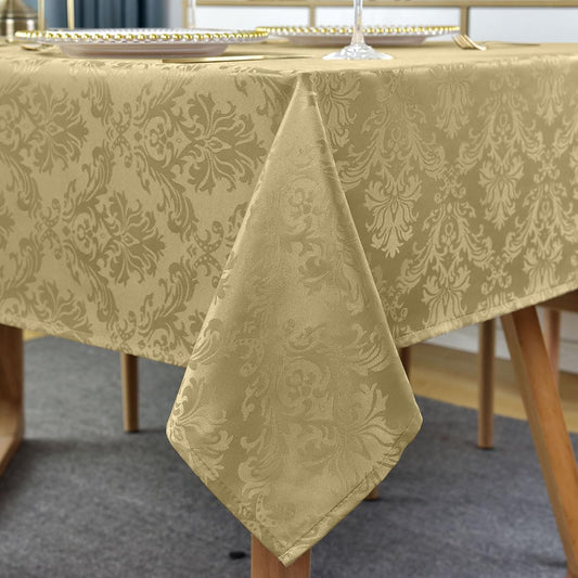 SASTYBALE Jacquard Tablecloth Rectangle 60 x 102 Inch, Waterproof Oil Proof Wrinkle Free Damask Table Cloth, Polyester Table Cover for Dining, Party, Indoor, Outdoor, Gold