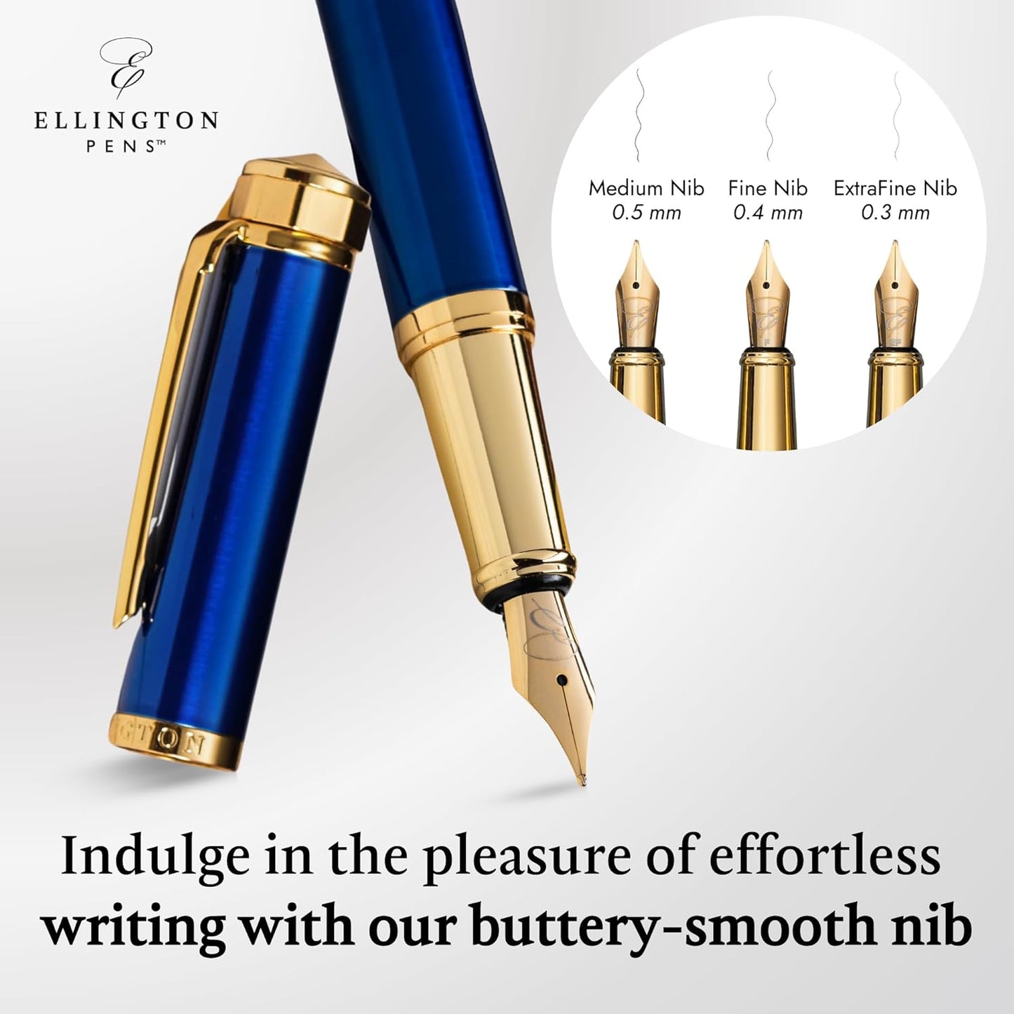 Ellington Pens Luxury Fountain Pen Set- Fountain Pens for Writing - Smooth Medium Nib - Includes Refillable Ink Converter, 3 Ink Cartridges [Black & Blue], Gift Box - Elegant Calligraphy