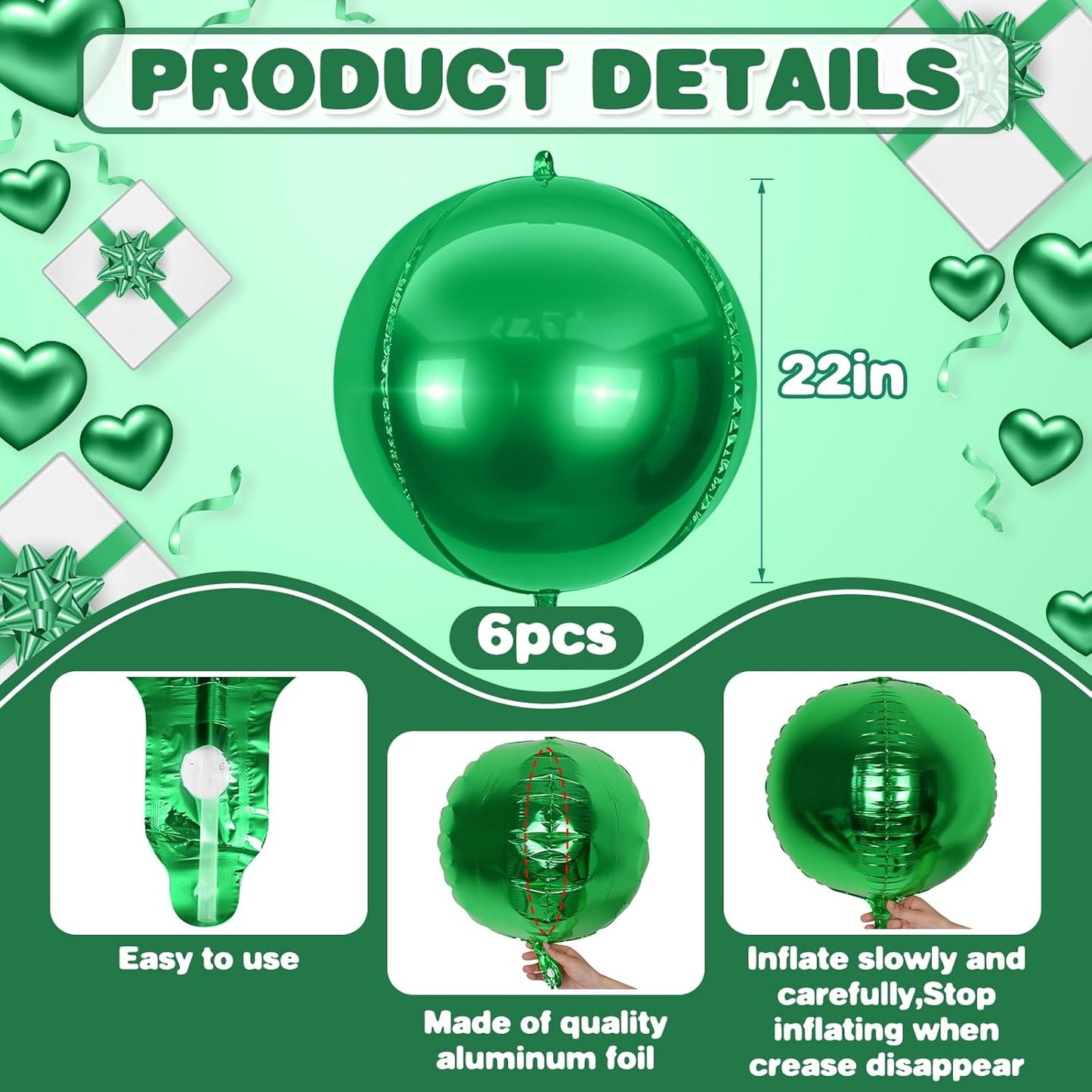 6Pcs Green Round Foil Balloons,Giant 4D Round Ball Balloons,22 Inch Metallic Green Balloon for Birthday Wedding Graduation Prom Party Decorations