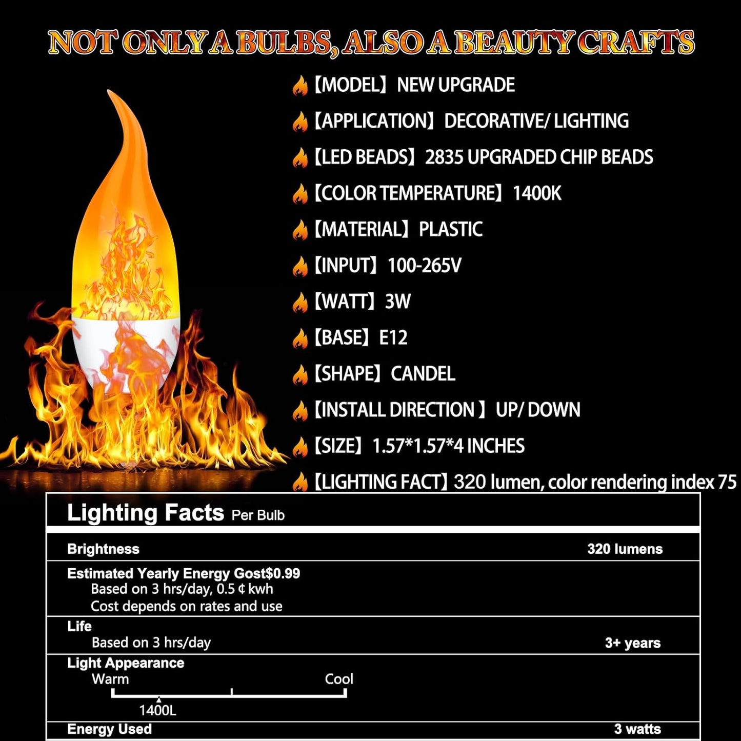 E12 LED Flickering Candelabra Flame Effect Light Bulbs - Upgrade Flicker Candelabra Torch Fire Effect Lights Bulbs for Outdoor Halloween Xmas Holiday Decorations 3W 1400K (8 Pack)