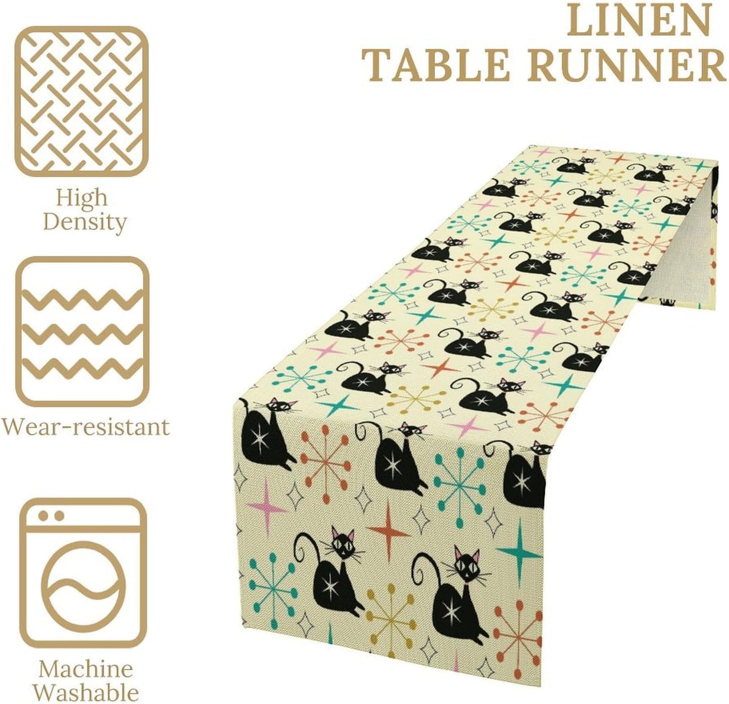 Mid Cat Table Runner, Vintage Black Cat and Atomic Stars 1950s 1960s Abstract Geometric Space Pattern Table Decoration for Home Kitchen Restaurant 13x120 Inches